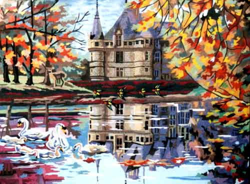 Chateau de sable ou plutot tableau de sable representant ungrand manoir au bord d'un lac en automne